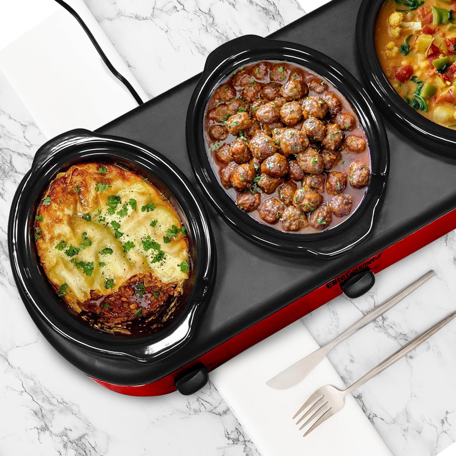 Elite Gourmet EWMST-325R Maxi-Matic Triple Slow Cooker Buffet Server Adjustable Temp Dishwasher-Safe Oval Ceramic Pots, Lid Rests, 3 x 2.5 Qt Capacity, Red - Image 3