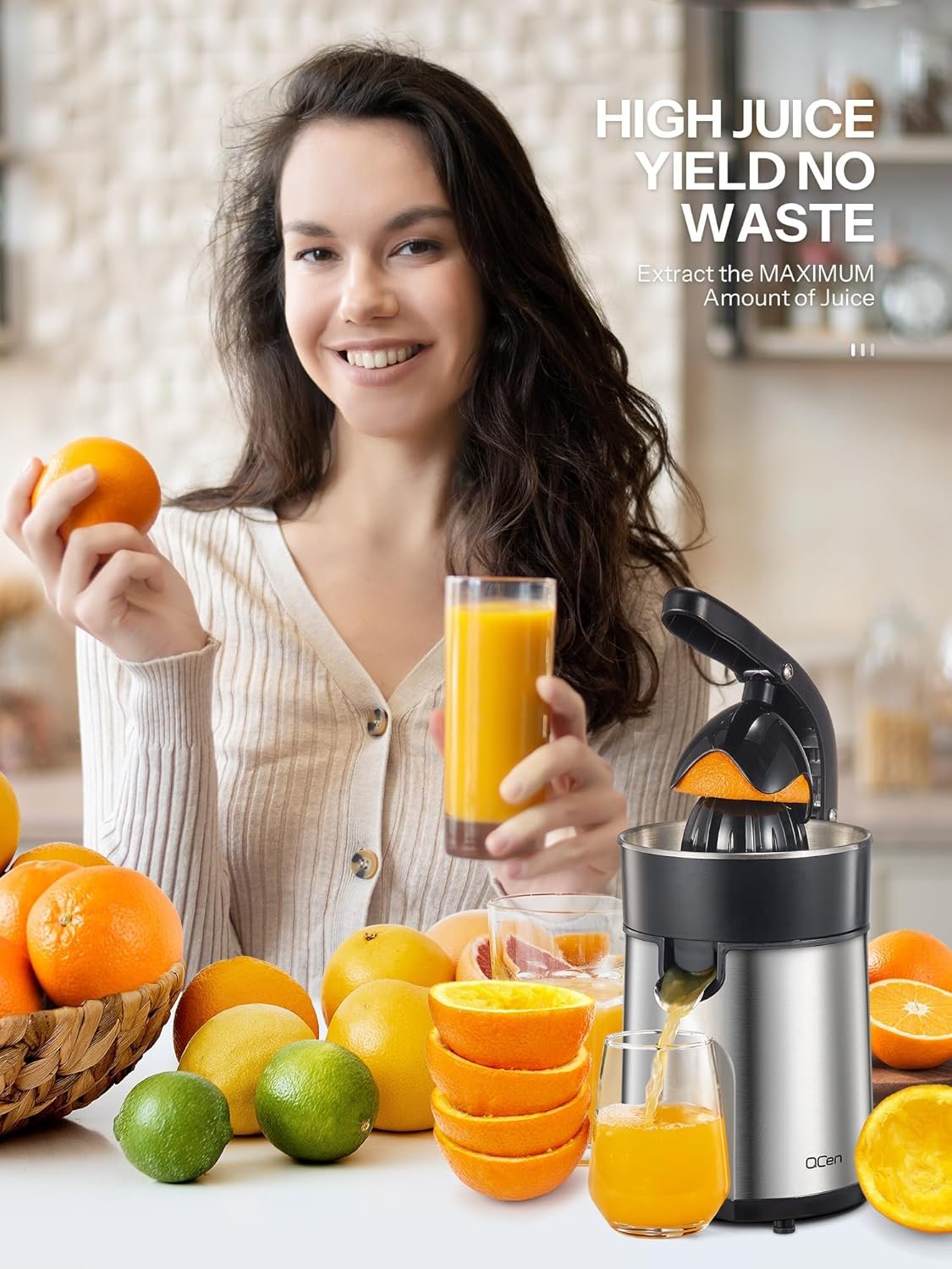 Professional Brushed Stainless Steel Electric Citrus Juicer, 2 Interchangeable Cones for Orange, Lemon & Grapefruit, Easy Clean, Durable Design & Effortless Operation - Image 4