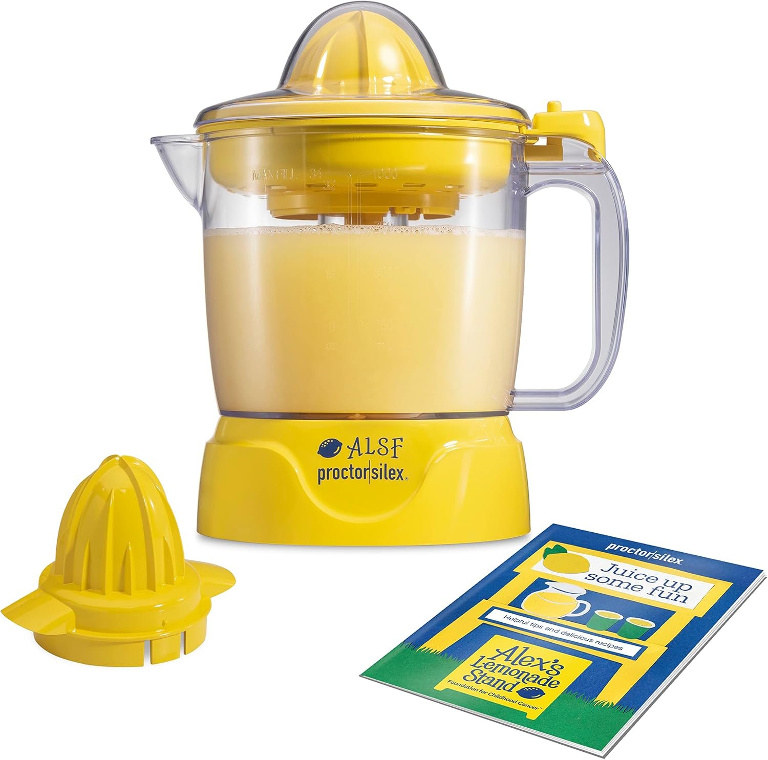 Proctor Silex Alex's Lemonade Stand Electric Citrus Juicer Machine and Squeezer, for Lemons, Limes and Oranges, 34 oz, Includes 2 Reamers & Recipe Book, Yellow (66341) - Image 2