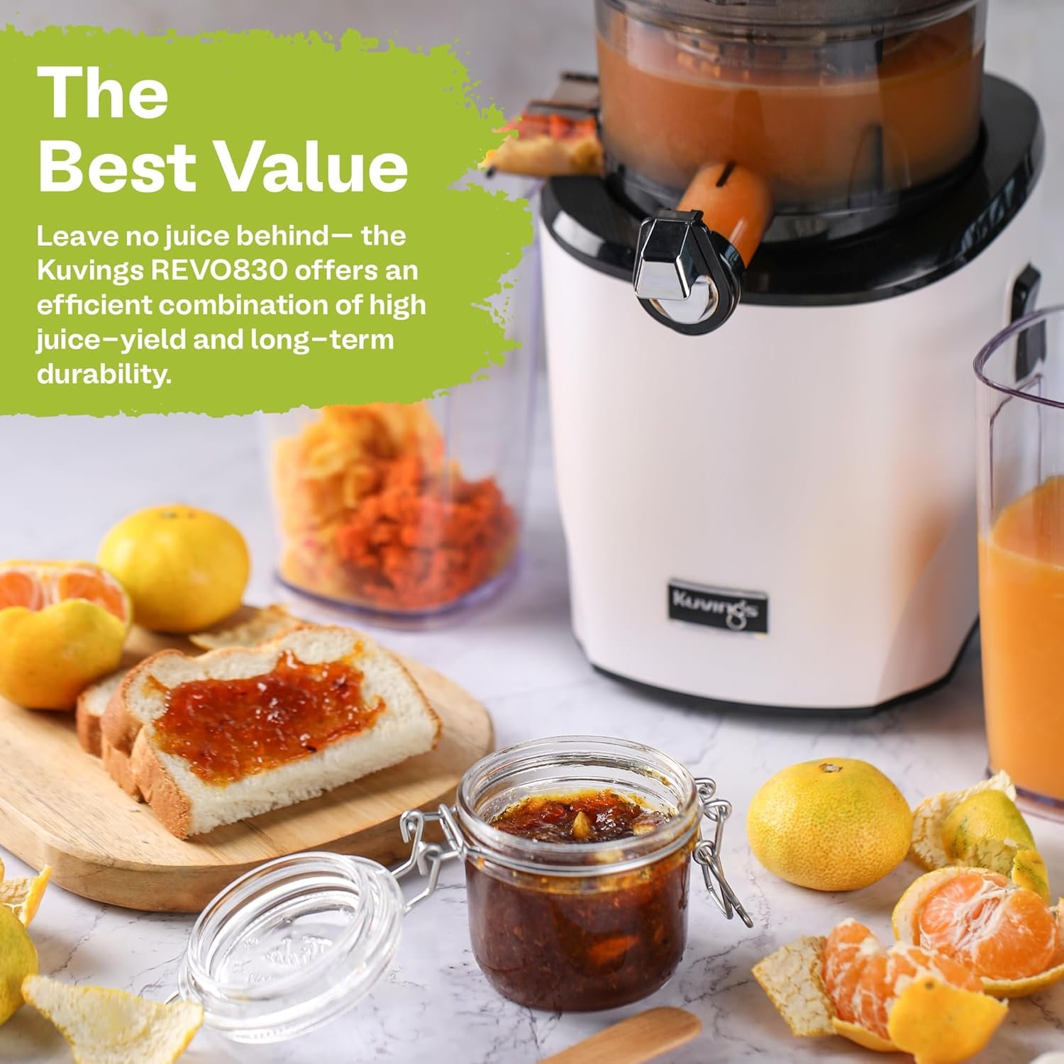 Kuvings Whole Slow Juicer REVO830SWP Cold Press Masticating Juicer Machine - Extra Wide 88mm & 48mm Food Chutes - Quiet Strong Motor Auto-Cut Fruits & Veggies - Smoothie Sorbet Attachment - White - Image 6