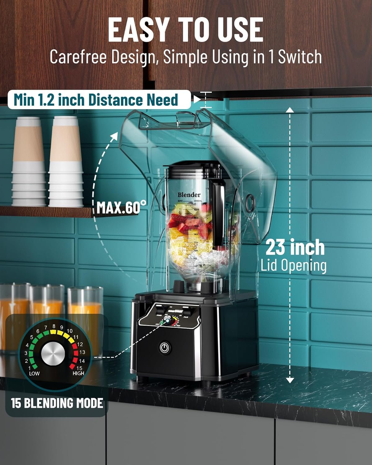 WantJoin Professional Commercial Blender With Shield Quiet Sound Enclosure 2200W Industries Strong and Quiet Professional-Grade Power, Self-Cleaning, Black - Image 5