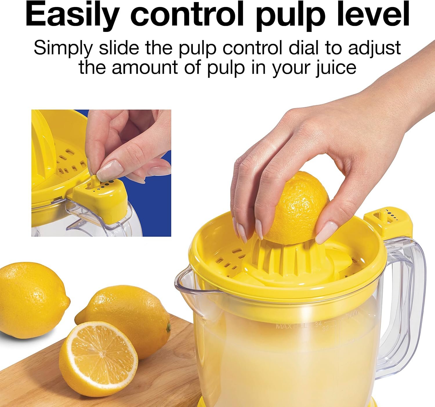 Proctor Silex Alex's Lemonade Stand Electric Citrus Juicer Machine and Squeezer, for Lemons, Limes and Oranges, 34 oz, Includes 2 Reamers & Recipe Book, Yellow (66341) - Image 7