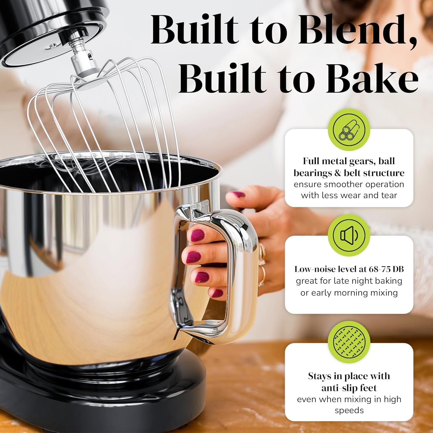 Kitchen Stand Mixer with Attachments – 6.8QT Electric Cake Mixer, 660W Copper Motor, 6-Speed Bread Dough Mixer with Bowl, Hook – Baking & Kneading Mixer, Black - Image 7