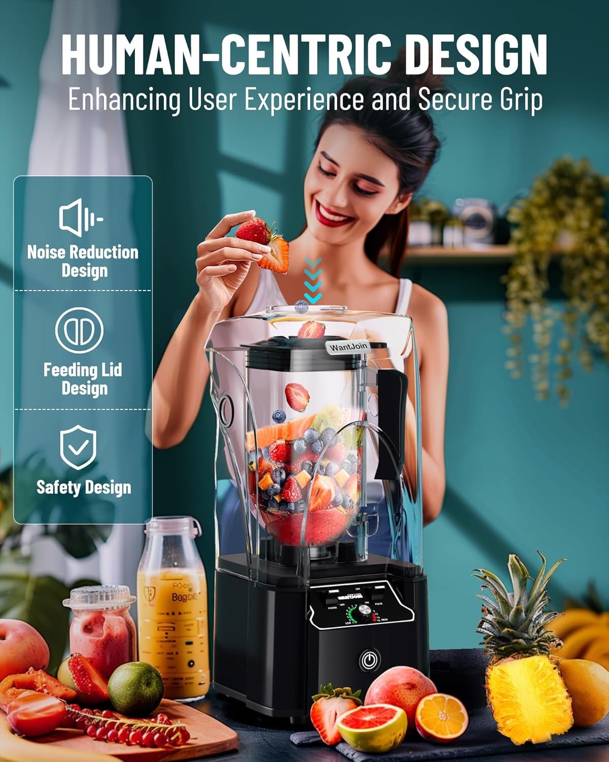 WantJoin Professional Commercial Blender With Shield Quiet Sound Enclosure 2200W Industries Strong and Quiet Professional-Grade Power, Self-Cleaning, Black - Image 4