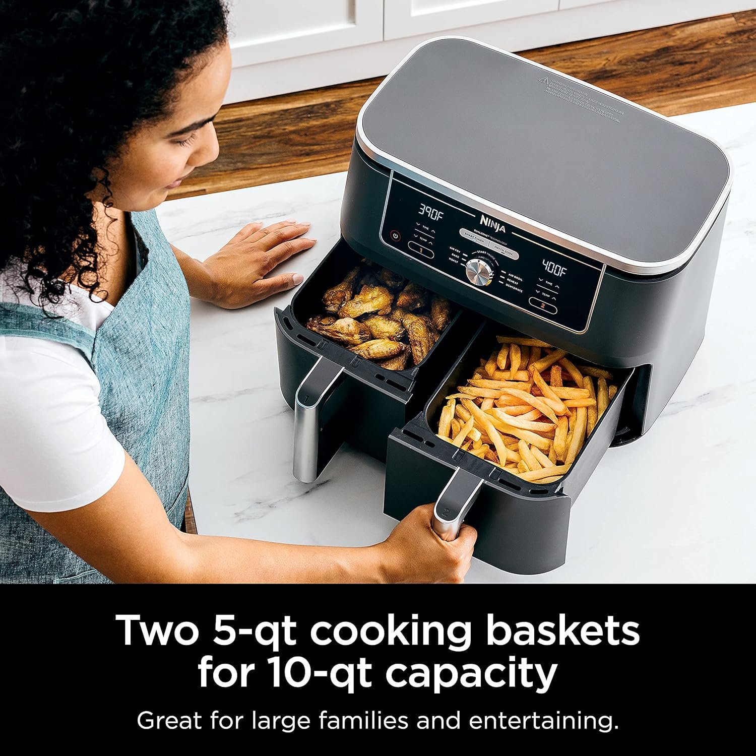 Ninja DZ401 Foodi 10 Quart 6-in-1 DualZone XL 2-Basket Air Fryer with 2 Independent Frying Baskets, Match Cook & Smart Finish to Roast, Broil, Dehydrate & More for Quick, Grey (Renewed) - Image 7